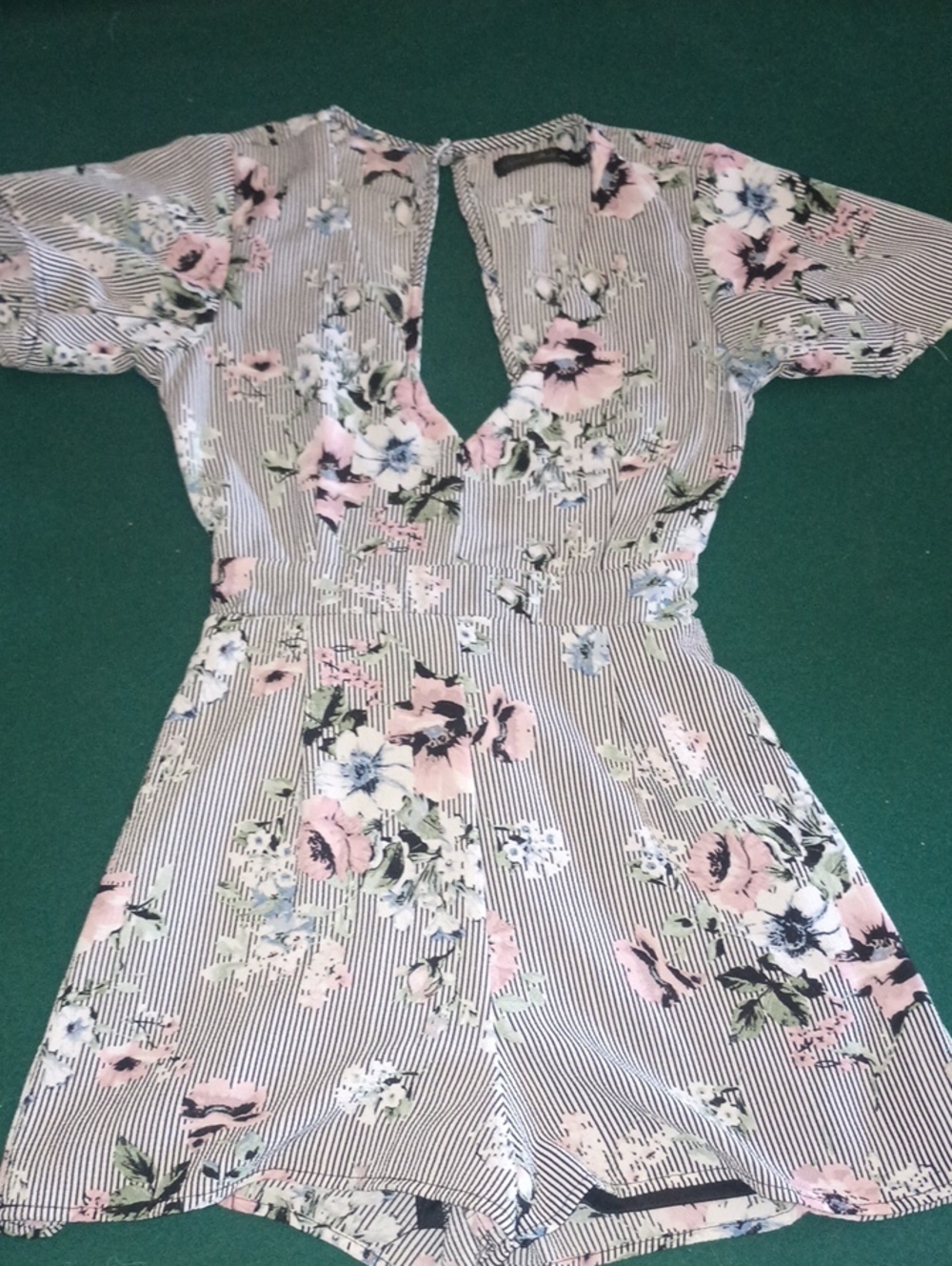 Y2K Crystal Doll Pink Floral Striped V-Neck Romper